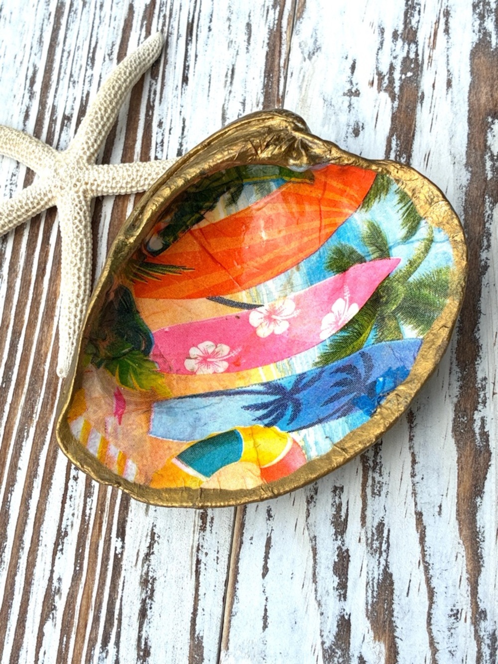 Surfboard Beach Shell Dish Coastal Decor Jewelry Holder Gold Rim